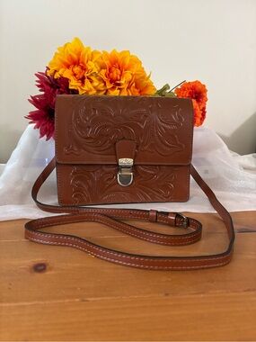 Patricia Nash Embossed Floral Leather Crossbody - Cognac Brown